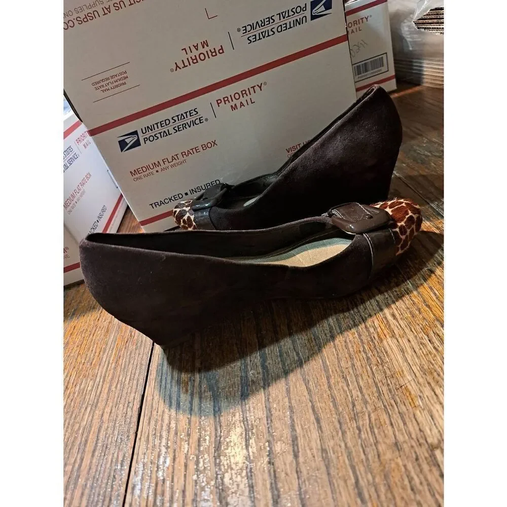 6.5M Alex Marie Brown Ran Round Toe Slip On Animal Print Low Wedge Heel Shoes